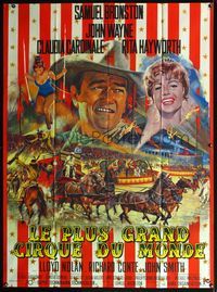 5c048 CIRCUS WORLD French 1p '65 Claudia Cardinale, John Wayne, great different art by Jean Mascii!