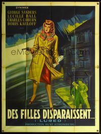 5c135 LURED French 1p '47 great full-length artwork of Lucille Ball in trench coat with gun!