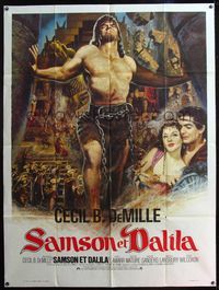 5c169 SAMSON & DELILAH French 1p R70s art of Victor Mature knocking down temple + pretty Hedy!