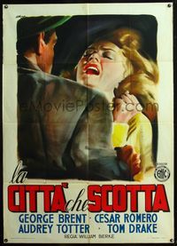 5c417 FBI GIRL Italian 1p '55 different Olivetti art of scared Audrey Totter grabbed by guy!