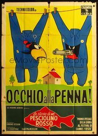 5c521 OCCHIO ALLA PENNA Italian 1p '59 cartoon image of crow on clothesline w/gun pointed at it!