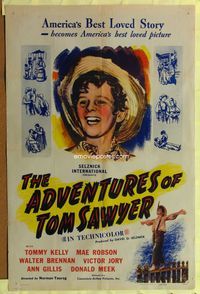 5d021 ADVENTURES OF TOM SAWYER 1sh R45 Tommy Kelly as Mark Twain's classic character!