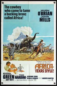 5d022 AFRICA - TEXAS STYLE 1sh '67 art of Hugh O'Brien lassoing zebra by stampeding animals!