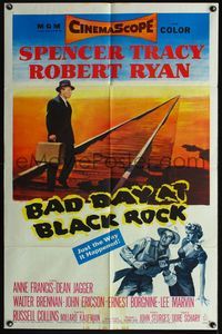 5d029 BAD DAY AT BLACK ROCK 1sh '55 Spencer Tracy trying to find out just what did happen to Kamoko