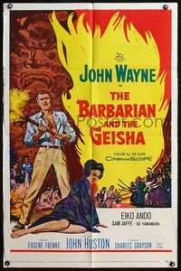 5d037 BARBARIAN & THE GEISHA 1sh '58 John Huston, art of John Wayne with torch & Eiko Ando!