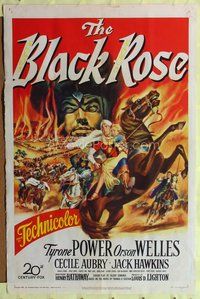 5d055 BLACK ROSE 1sh '50 great fiery action artwork of Tyrone Power & Orson Welles!