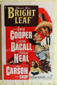 5d064 BRIGHT LEAF 1sh '50 great romantic close up of Gary Cooper & sexy Lauren Bacall!