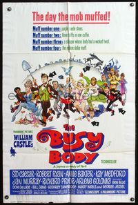 5d069 BUSY BODY 1sh '67 William Castle, great wacky art of entire cast by Frank Frazetta!