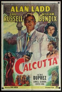 5d073 CALCUTTA style A 1sh '46 artwork of Alan Ladd pointing gun & sexy Gail Russell in India!