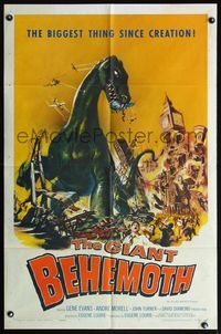 5d246 GIANT BEHEMOTH 1sh '59 cool art of massive brontosaurus dinosaur monster smashing city!
