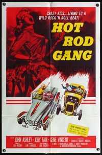 5d306 HOT ROD GANG 1sh '58 fast cars, crazy kids, classic art of teens in dragsters & dancing girl!