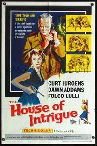 5d313 HOUSE OF INTRIGUE 1sh '59 cool artwork of spies Curt Jurgens & Dawn Addams!