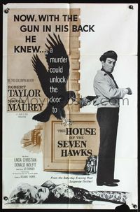5d315 HOUSE OF THE SEVEN HAWKS 1sh '59 treasure hunter Robert Taylor with gun in his back!