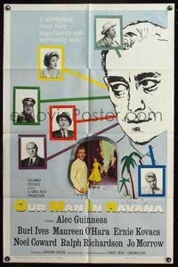 5d567 OUR MAN IN HAVANA 1sh '60 art of Alec Guinness in Cuba, directed by Carol Reed!
