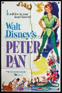 5d593 PETER PAN 1sh R69 Walt Disney animated cartoon fantasy classic, great full-length art!
