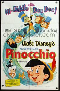 5d600 PINOCCHIO 1sh R62 Walt Disney classic fantasy cartoon, Hi-Diddle Dee Dee, Jiminy Cricket!