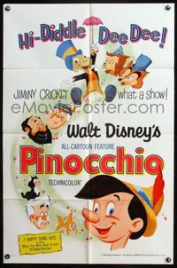 5d601 PINOCCHIO 1sh R71 Walt Disney classic fantasy cartoon, Hi-Diddle Dee Dee, Jiminy Cricket!