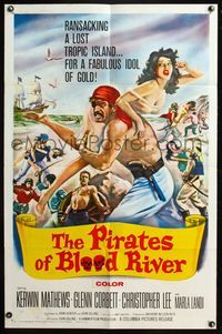 5d605 PIRATES OF BLOOD RIVER 1sh '62 great artwork of Kerwin Mathews carrying sexy babe, Hammer!