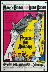 5d624 PROMISE HER ANYTHING 1sh '66 art of Warren Beatty w/fingers crossed & pretty Leslie Caron!