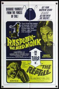 5d640 RASPUTIN THE MAD MONK/REPTILE 1sh '66 wacky Hammer double-bill, free Rasputin beards!