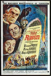 5d641 RAVEN 1sh '63 artwork of Boris Karloff, Vincent Price & Peter Lorre by Reynold Brown!