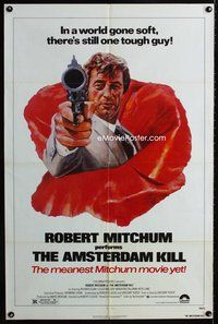 5e032 AMSTERDAM KILL 1sh '78 John Solie artwork of tough guy Robert Mitchum pointing revolver!