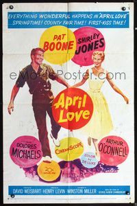 5e043 APRIL LOVE 1sh '57 full-length romantic art of Pat Boone & sexy Shirley Jones!