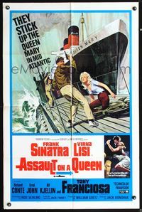 5e047 ASSAULT ON A QUEEN 1sh '66 art of Frank Sinatra w/pistol & sexy Virna Lisi on submarine deck!