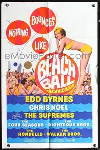 5e071 BEACH BALL 1sh '65 Edd Byrnes, Chris Noel, The Supremes, sexy girl in bikini art!
