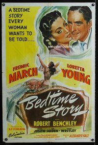 5e073 BEDTIME STORY 1sh '41 great artwork of Fredric March & sexy Loretta Young!