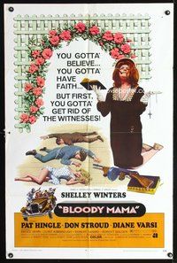 5e095 BLOODY MAMA 1sh '70 Roger Corman, AIP, crazy Shelley Winters w/Bible and tommy gun!