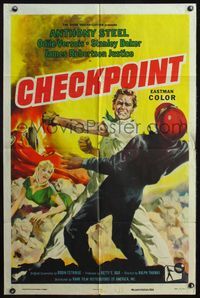 5e133 CHECKPOINT style A 1sh '57 English car racing, art of tough Anthony Steel in fistfight!