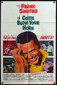 5e146 COME BLOW YOUR HORN 1sh '63 close-up of laughing Frank Sinatra, from Neil Simon's play!