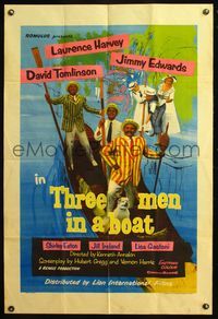 5e837 THREE MEN IN A BOAT English 1sh '56 Laurence Harvey, wacky art of cast on gondola!