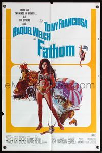 5e240 FATHOM 1sh '67 art of sexy nearly-naked Raquel Welch in parachute harness & action scenes!