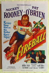 5e244 FIREBALL 1sh '50 art of Mickey Rooney skating in roller derby running a riot on the raceways!