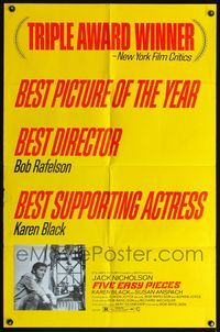 5e247 FIVE EASY PIECES awards style 1sh '70 great close up of Jack Nicholson, Bob Rafelson directed!