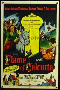 5e252 FLAME OF CALCUTTA 1sh '53 art of horseback Denise Darcel w/sword, deadly assassins!