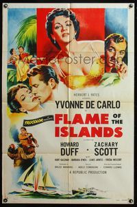 5e254 FLAME OF THE ISLANDS 1sh '55 Yvonne De Carlo kissing Howard Duff & in sexy dress!