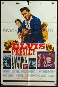 5e255 FLAMING STAR style B 1sh '60 Elvis Presley playing guitar & shirtless, Barbara Eden!