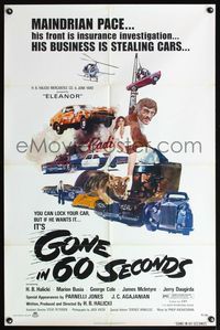 5e298 GONE IN 60 SECONDS 1sh '74 cool art of stolen cars by Edward Abrams, crime classic!