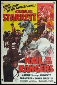 5e317 HAIL TO THE RANGERS 1sh '43 cool art of cowboy Charles Starrett on horseback in crowd!