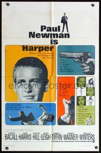 5e325 HARPER 1sh '66 Paul Newman has many fights, sexy Pamela Tiffin, great design!