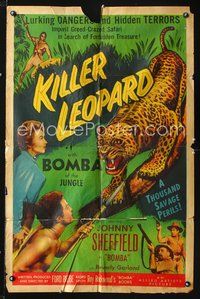 5e382 KILLER LEOPARD 1sh '54 Bomba the Jungle Boy & a thousand savage perils!