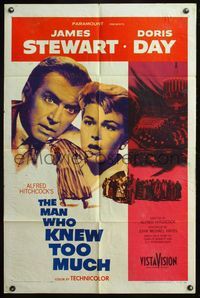 5e441 MAN WHO KNEW TOO MUCH 1sh '56 Alfred Hitchcock, Jimmy Stewart, Doris Day!