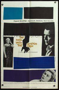 5e444 MAN WITH THE GOLDEN ARM 1sh '56 Frank Sinatra is hooked, classic Saul Bass artwork and design!