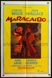 5e449 MARACAIBO 1sh '58 romantic artwork of Cornel Wilde & Jean Wallace in front of explosion!