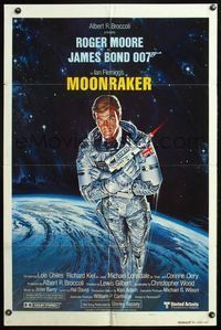 5e461 MOONRAKER int'l style A teaser 1sh '79 art of Roger Moore as James Bond in outer space!