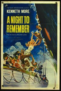 5e484 NIGHT TO REMEMBER 1sh '58 English Titanic biography, John Floherty Jr. art of tragedy!