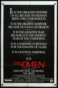 5e523 OMEN style E 1sh '76 Gregory Peck, Lee Remick, Satanic horror, the greatest mystery of all!